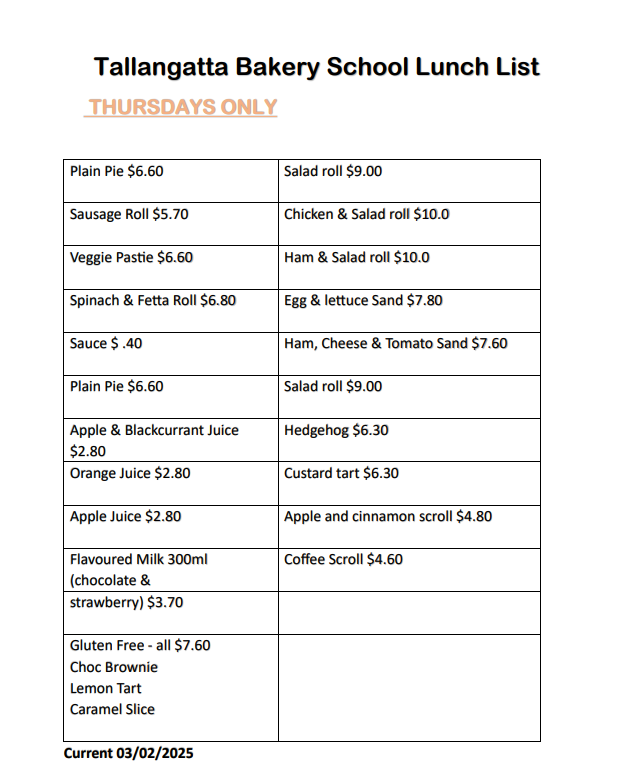 Bakery Lunch Order 